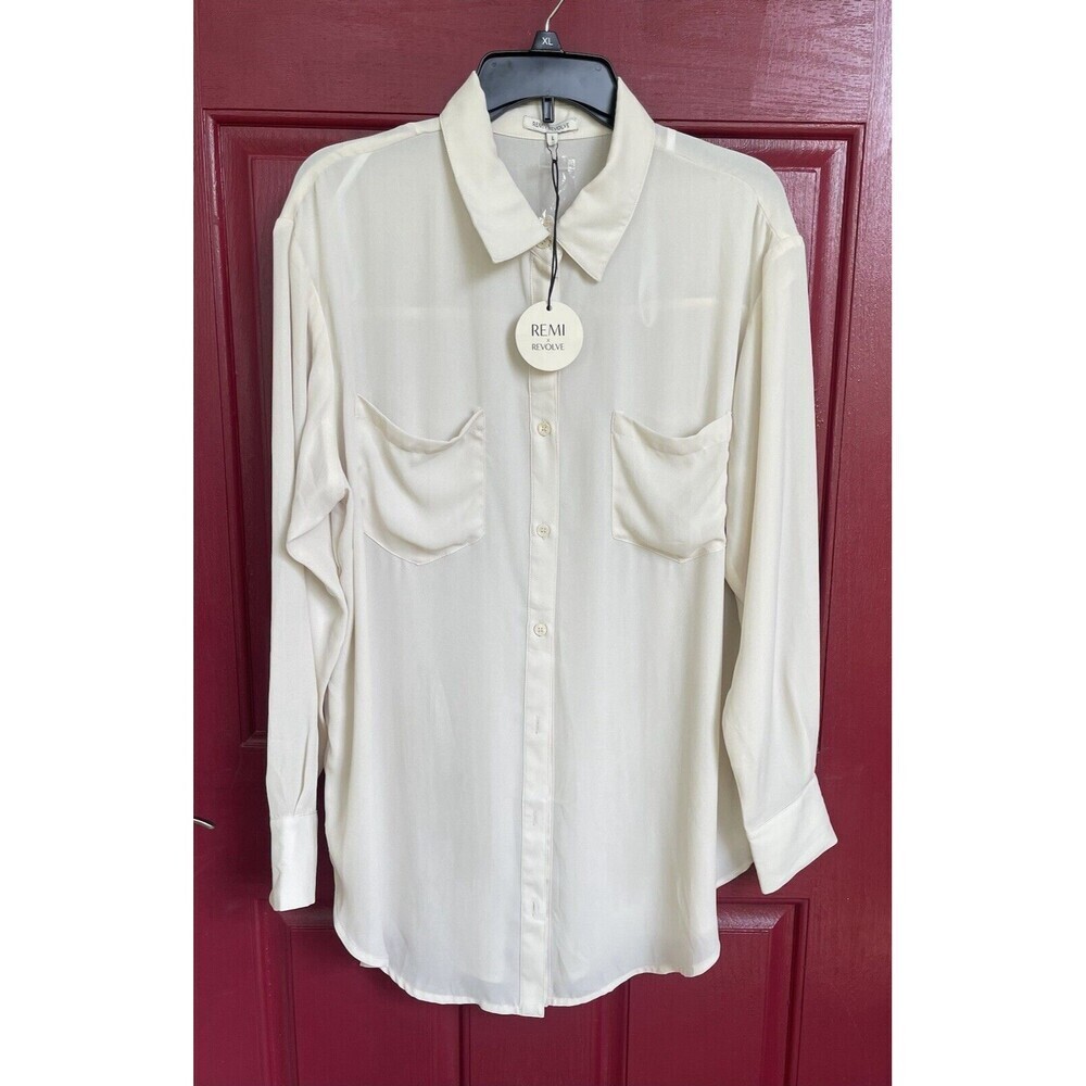 NEW Remi + Revolve Ivory Button sheer Tunic Length Blouse Shirt Size L Lagenlook